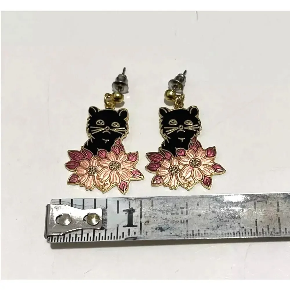 Cloisonne Gold Tone Black Cat Floral Enamel Pierced Dangle Earrings